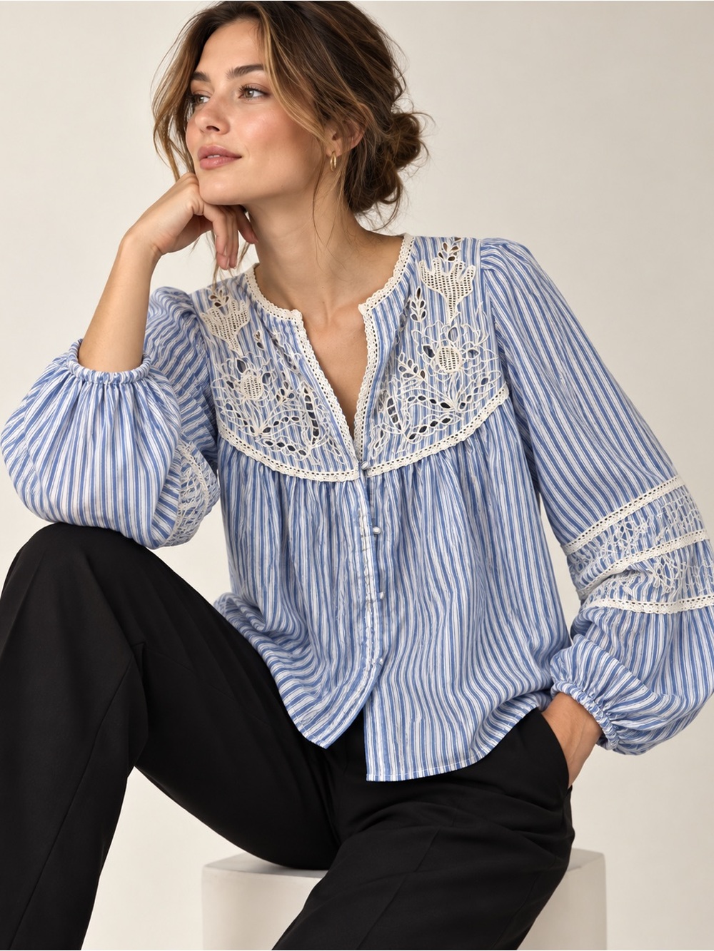 Zara Blue White Striped Oversized Button Up Embroidered Lace Blouse Size S